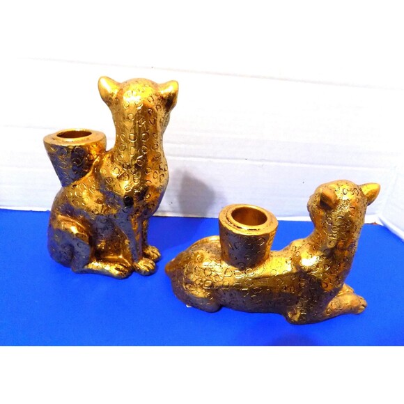 NEW Cheetah Leopard Taper Candle Holder Statue Figurine Wild Animal Cat Decor - Picture 2 of 7